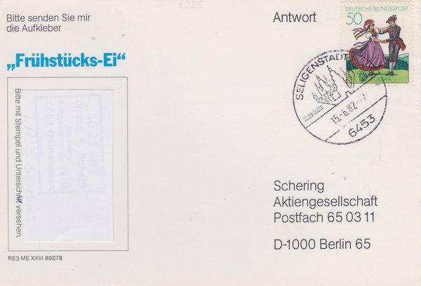 BUND 1096 Standard-Postkarte <Europa, Folklore> mit Tagesstempel Seligenstadt vom 15-06-1982