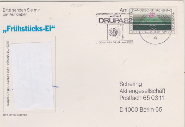 BUND 1098 Standard-Postkarte <Evangelischer Kirchentag> Werbestempel Düsseldorf vom 27-03-1982