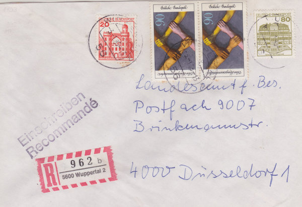 BUND 995, 1103, 1140 (2x) Einschreibebrief <Burgen + Schlösser ua> Tagesstempel Wuppertal 03-01-1985