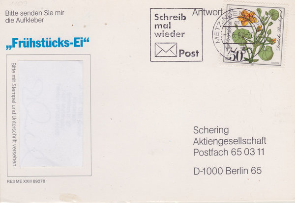 BUND 1109 Standard-Postkarte <Wohlfahrt 1981, Pflanzen> mit Werbestempel Metzingen vom 01-06-1982