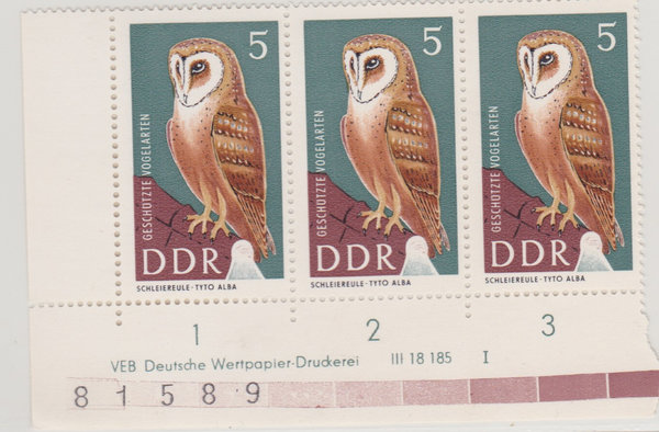 DDR 1272 (3x) Geschützte Vögel 1967 mit DV VEB Deutsche Wertpapier-Druckerei 1 III 18 185 **