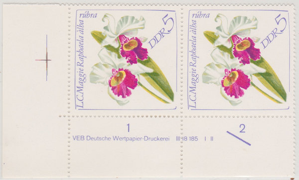 DDR 1420 (2x) Orchideen 1968 mit DV VEB Deutsche Wertpapier-Druckerei III 18 185 I  II **