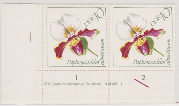 DDR 1421 (2x) Orchideen 1968 mit DV VEB Deutsche Wertpapier-Druckerei III 18 185 I  **