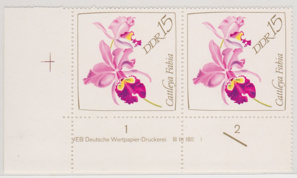 DDR 1422 (2x) Orchideen 1968 mit DV VEB Deutsche Wertpapier-Druckerei III 18 185 I  **