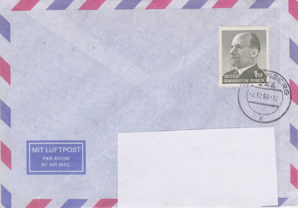 DDR 1481, Luftpostbrief (VGO) mit Letzttag-Tagesstempel vom 2-10-1990, portogerecht