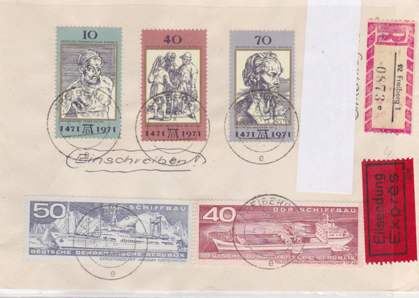 DDR 1672-1674 Satz, 1697, 1698, Express-Einschreibebrief mit Tagesstempel vom 6-3-1972 (Ost/West)