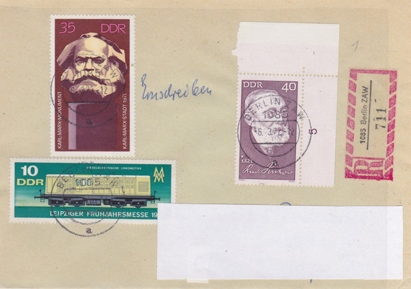 DDR 1349, 1706, 1707, Einschreibebrief mit Tagesstempel vom 6-3-1972, portogerecht, (Ost/West)