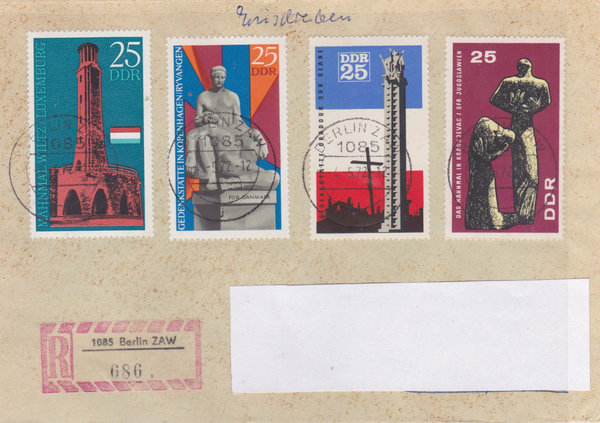 DDR 1206, 1311, 1512, 1705, Einschreibebrief mit Tagesstempel vom 4-5-1972, (Ost/West)