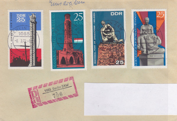 DDR 1206, 1410, 1512, 1705, Einschreibebrief mit Tagesstempel vom 6-3-1972, (Ost/West)
