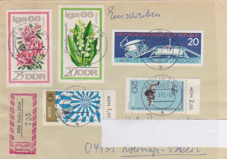 DDR 1189, 1190, 1193, 1195, 1659, Einschreibebrief mit Tagesstempel vom 6-3-1972, (Ost/West)