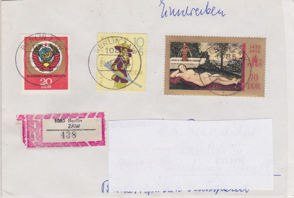 DDR 1371, 1772, 1813, Einschreibebrief mit Tagesstempel vom 20-6-1973, (Ost/West)