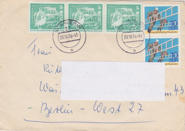 DDR 1842 (3x), 2276 (2x), Standardbrief nach Berlin-West vom 23-10-1978, portogerecht, (Ost/West)