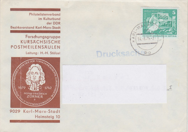 DDR 1842, Drucksache auf Sonderumschlag: Kursächsische Postmeilensäulen vom 14-6-1975, portogerecht