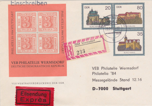 DDR 2911, 2912, 2913, Express-Einschreibebrief, Tagesstempel vom 28-9-1984, portogerecht, (Ost/West)
