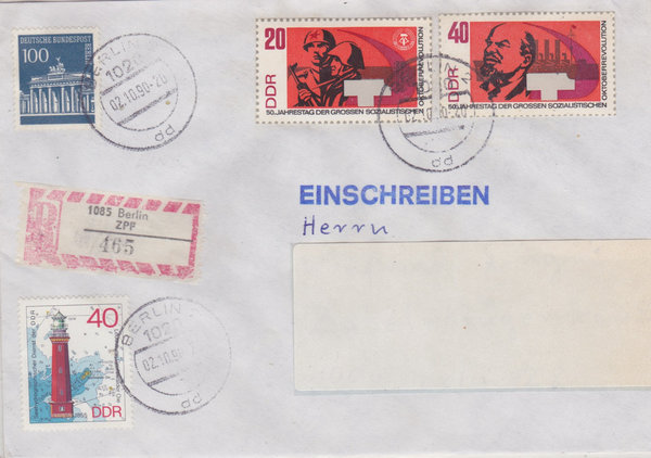 DDR 1315 B, 1316 B, 1957, Berlin 290, Einschreibebrief mit Letzttags-Stempel vom 02-10-1990