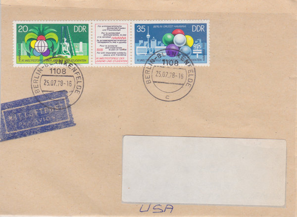 DDR 2345-2346 WZD 377, Auslands-Luftpostbrief, mit Ersttags-Tagesstempel vom 25-7-1978, portogerecht