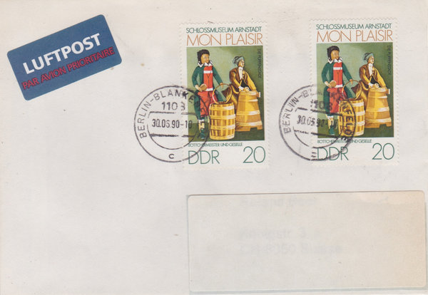DDR 1978 (2x), Auslands-Luftpostbrief mit Tagesstempel vom 30-6-1990, portogerecht